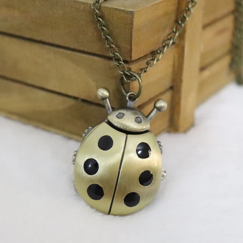 Vintage Antique Bronze Ladybug Pocket Watch Necklace - Black - image 1