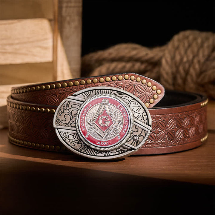 Red Enamel Freemasonry Symbol DIY Hidden Folding Knife Buckle Leather Belt - Red - Brown Rivet Belt - 42 - image 4