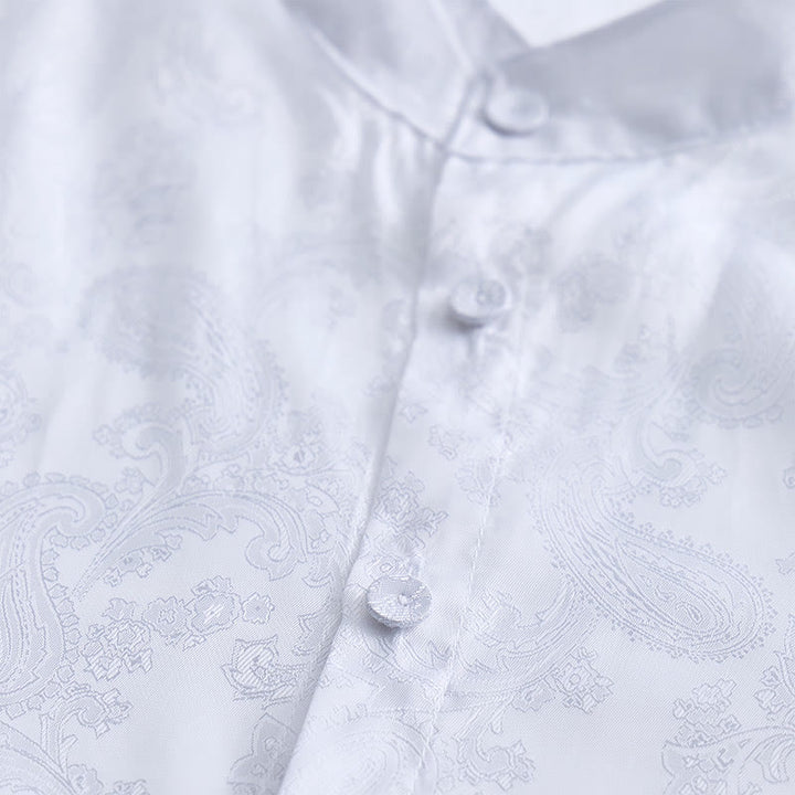 Men's Dark Jacquard Satin Rose Stand Collar Long Sleeve Shirt - image 8