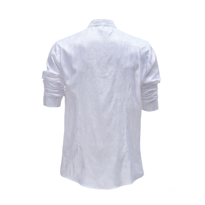 Men's Dark Jacquard Satin Rose Stand Collar Long Sleeve Shirt - image 5
