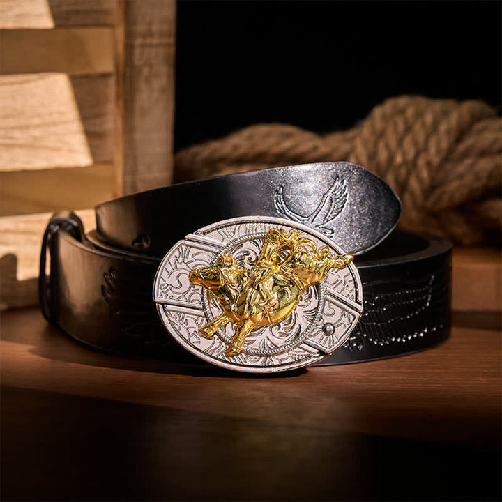 Bold Silver & Gold Bronc Rider DIY Hidden Folding Knife Buckle Leather Belt - Bronc Rider - Black Embossed Eagle Belt - 42 - image 2