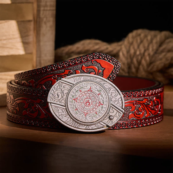 Aztec Mayan Calendar DIY Hidden Folding Knife Buckle Leather Belt - Aztec Mayan Calendar - Brown Carved Belt - 42 - image 6