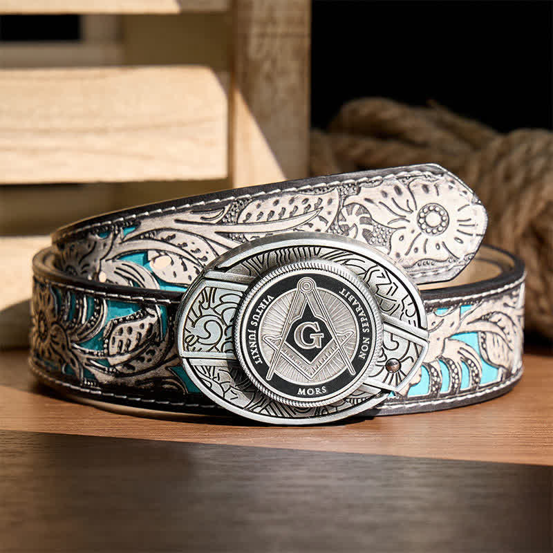 Black Enamel Freemasonry Symbol DIY Hidden Folding Knife Buckle Leather Belt - Black - Gray Floral Belt - 42 - image 8