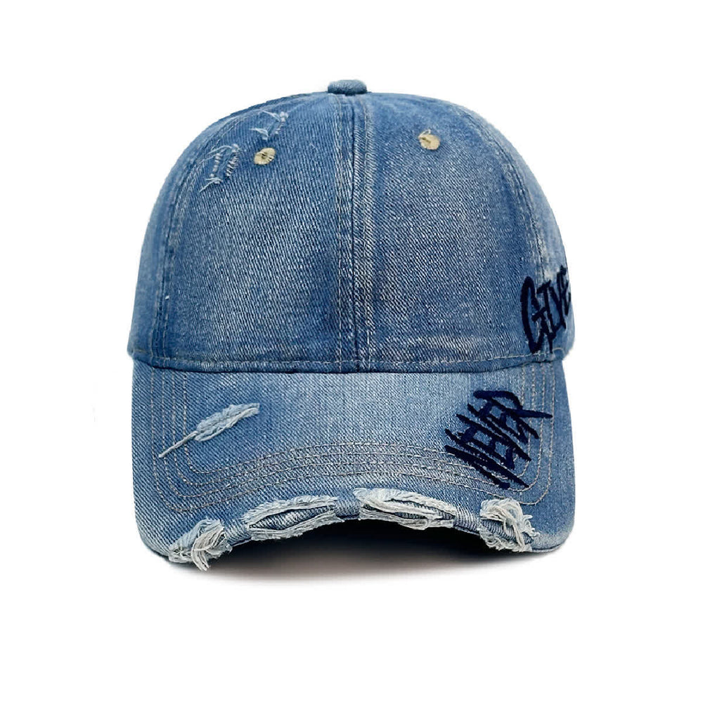 Never Give Up Embroidery Faded Denim Baseball Cap - image 1