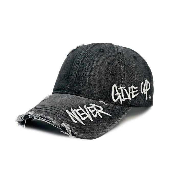 Never Give Up Embroidery Faded Denim Baseball Cap - Black - Adjustable (21 5/8"-23 5/8") - image 5