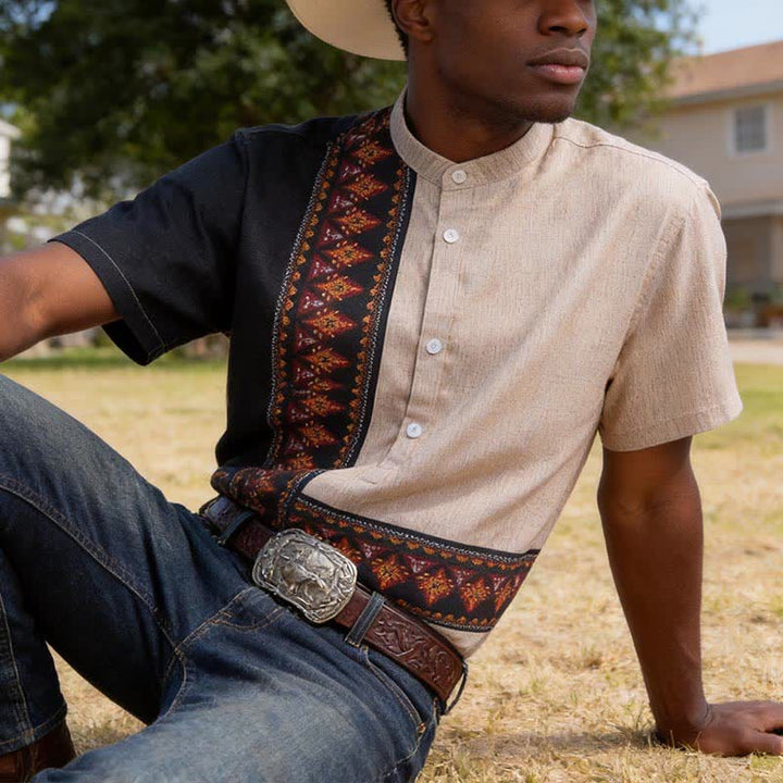 Men's Asymmetric Tribal Print Linen-Blend Ethnic Shirt - Beige & Black - 5XL - image 0