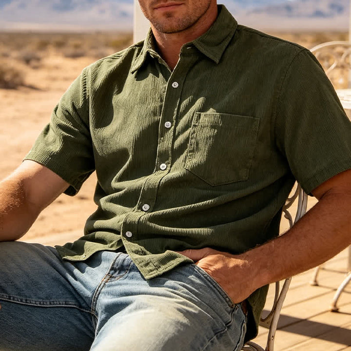 Men's 90s-Inspired Relaxed Short-Sleeve Corduroy Shirt - Army Green - 3XL - image 3