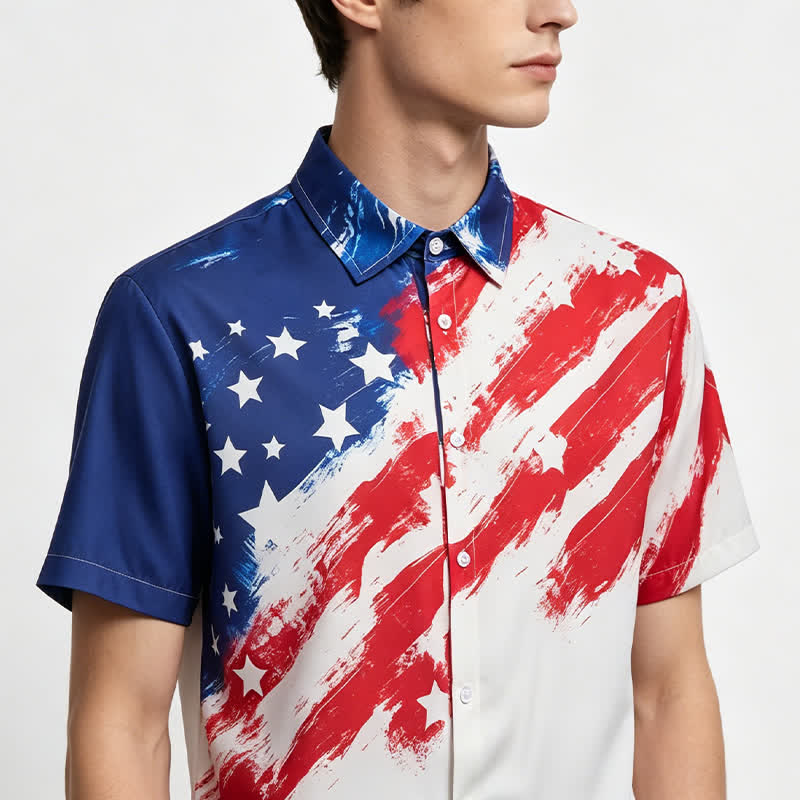 Vintage American Flag Brushstroke Print Short Sleeve Shirt - image 1