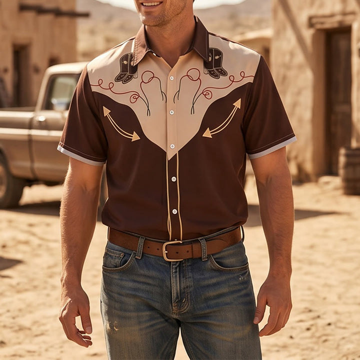 Men's Retro Western Cowboy Boot Print Short Sleeve Shirt - Brown - 5XL - image 0