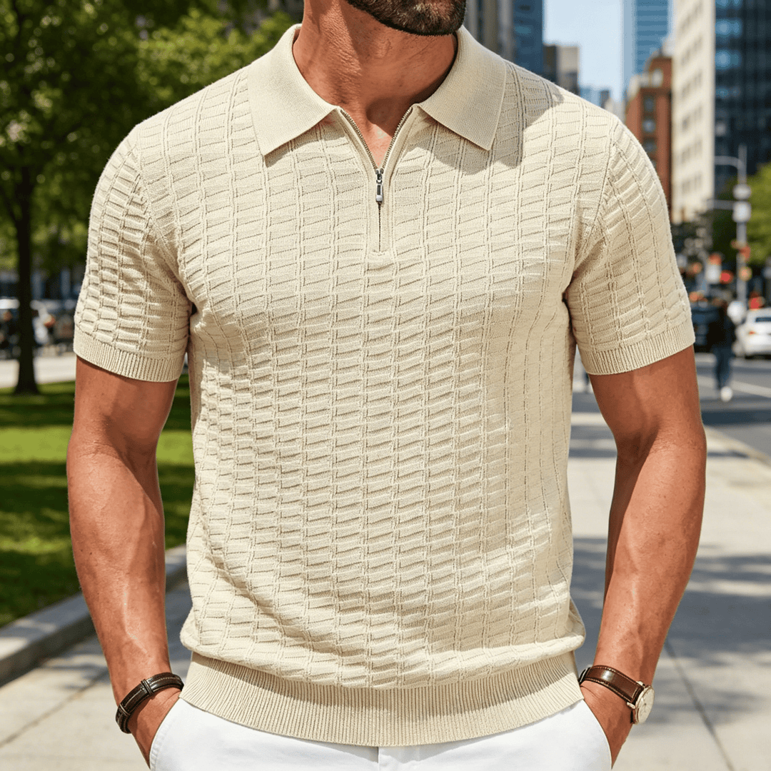 Men's Waffle Knit Half Zip Short Sleeve Polo Shirt - Apricot - 3XL - image 5