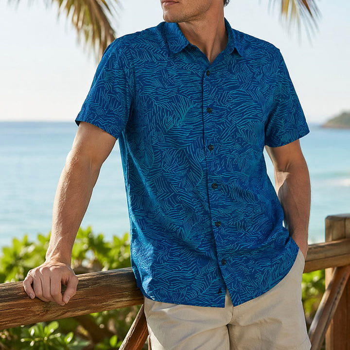 Men's Summer Holiday Teal Abstract Print Short Sleeve Shirt - Blue - 5XL - image 0