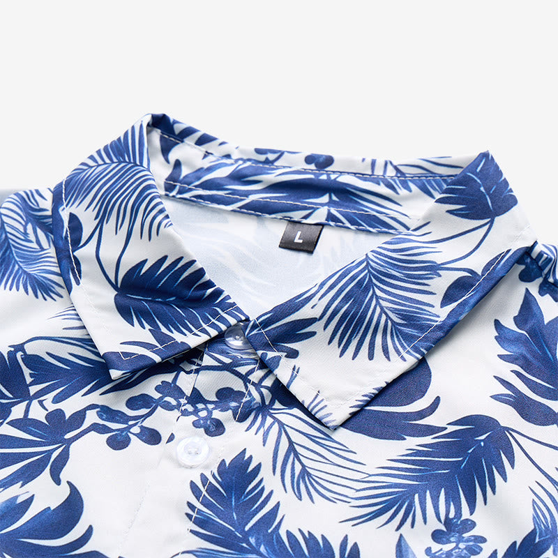 Men's Hawaiian Style Blue Leaf Print Short Sleeve Shirt - image 4