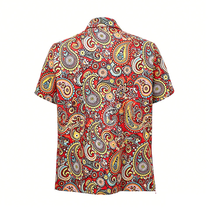 Funky Red Paisley Print Short Sleeves Camp Shirt - image 8