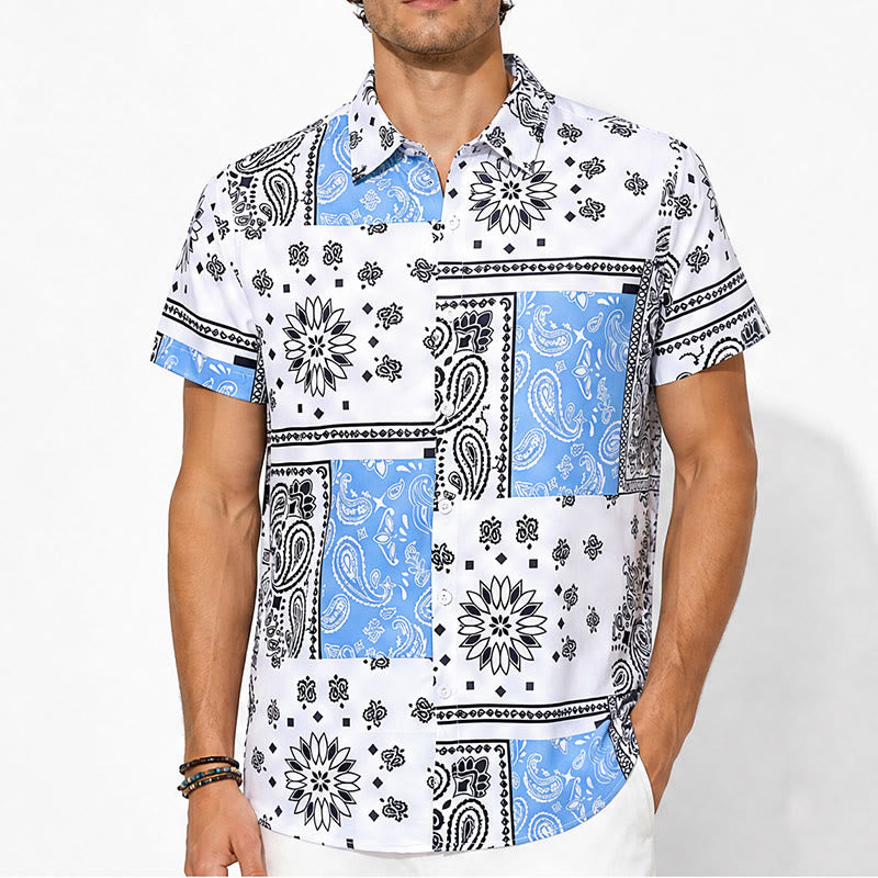 Blue & White Bandana Patchwork Paisley Print Shirt - image 1
