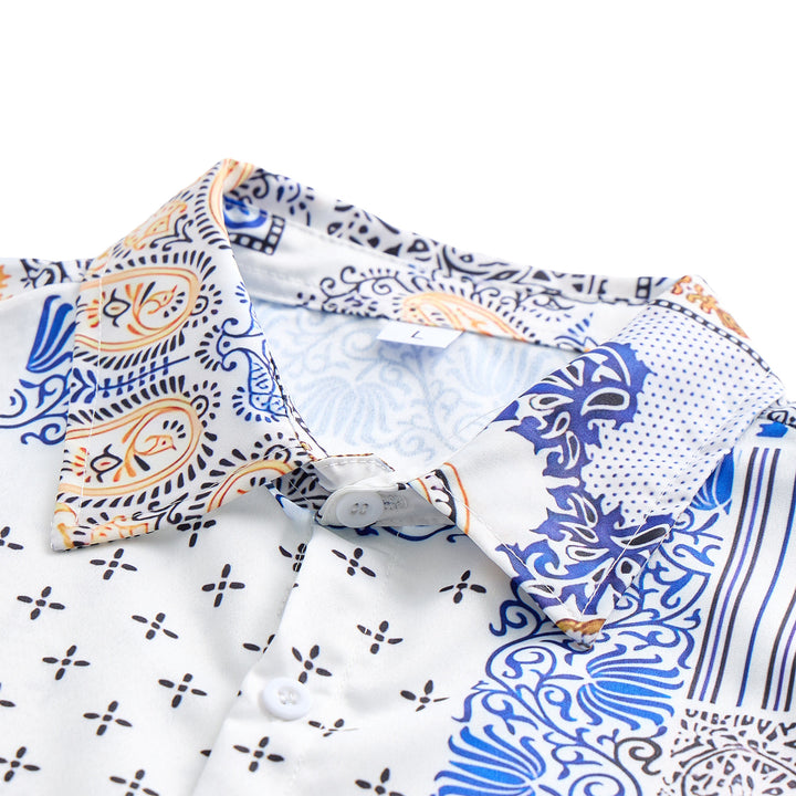 Blue & Orange Paisley & Geometric Patchwork Print Shirt - image 4