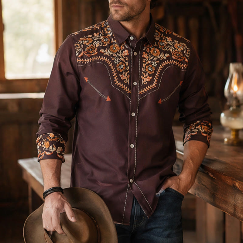 Men's Western Yoke Brown Floral Print Dress Shirt - Brown - 6XL - image 0