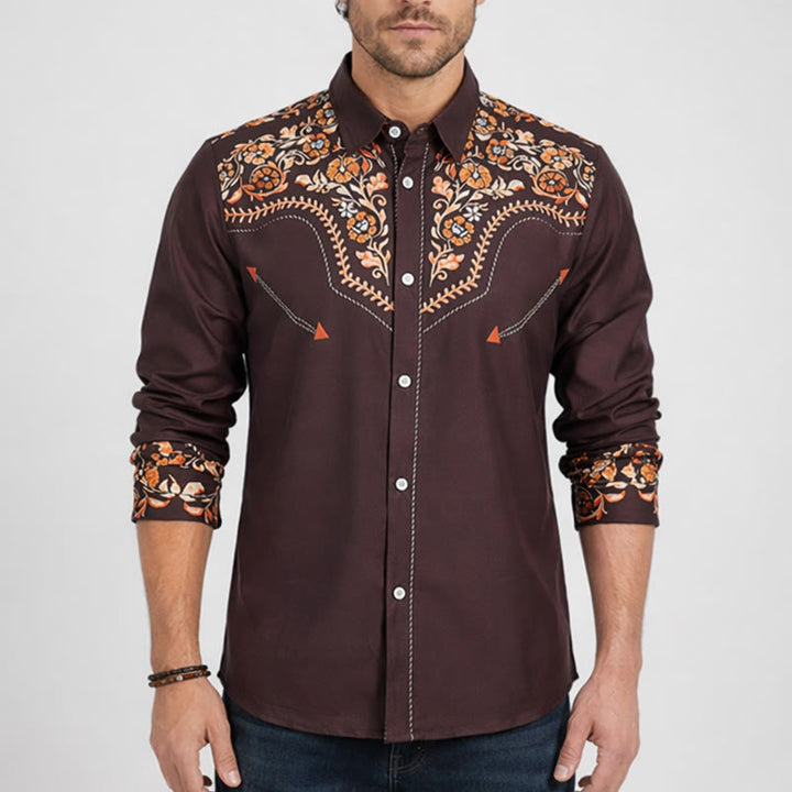 Men's Western Yoke Brown Floral Print Dress Shirt - image 1