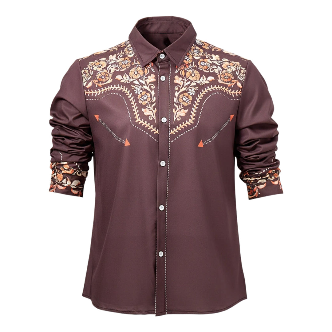Men's Western Yoke Brown Floral Print Dress Shirt - image 8