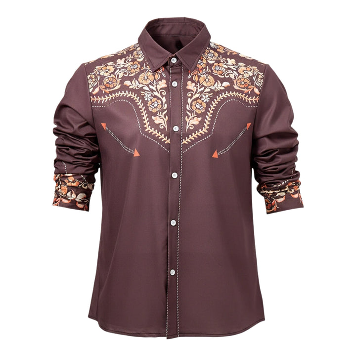 Men's Western Yoke Brown Floral Print Dress Shirt - image 8