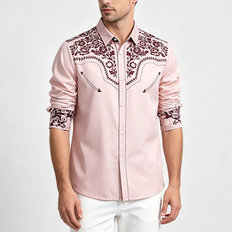 Men's Beige & Brown Floral Print Country Style Dress Shirt - image 2