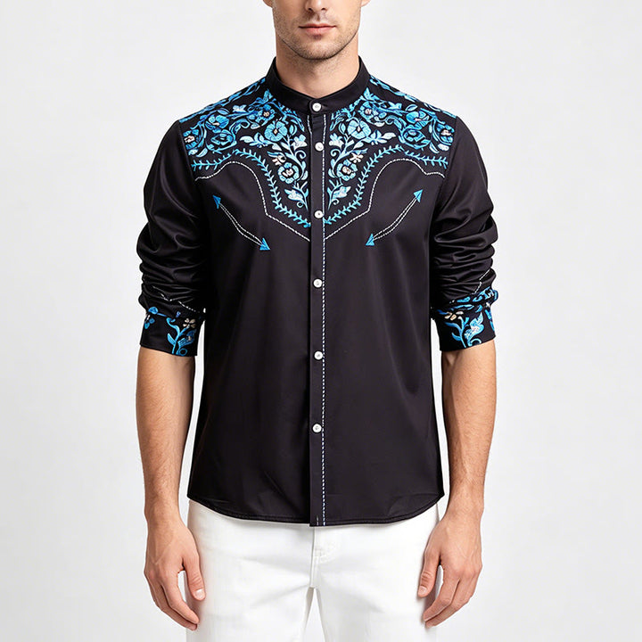 Men's Black & Blue Floral Accent Print Western Dress Shirt - image 1