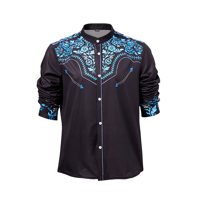 Men's Black & Blue Floral Accent Print Western Dress Shirt - image 8