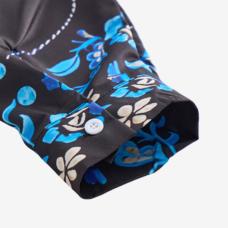 Men's Black & Blue Floral Accent Print Western Dress Shirt - image 7