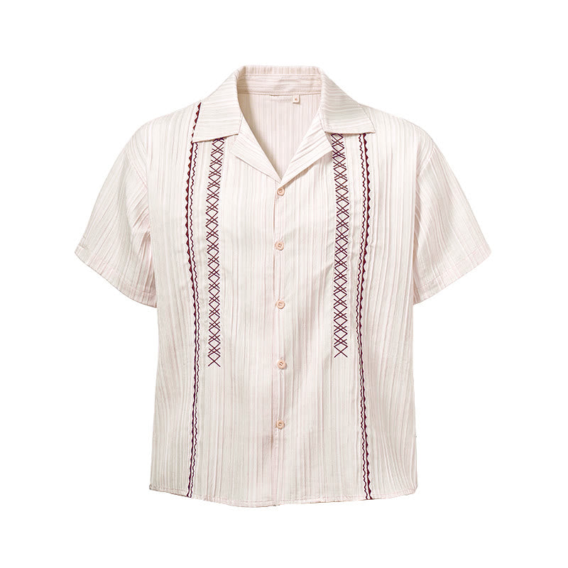 Artisanal Beige Textured Shirt With Black Embroidery - image 9