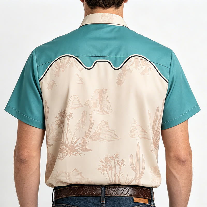 Men's Teal & Beige Western Desert Cowboy Cat Print Shirt - image 3