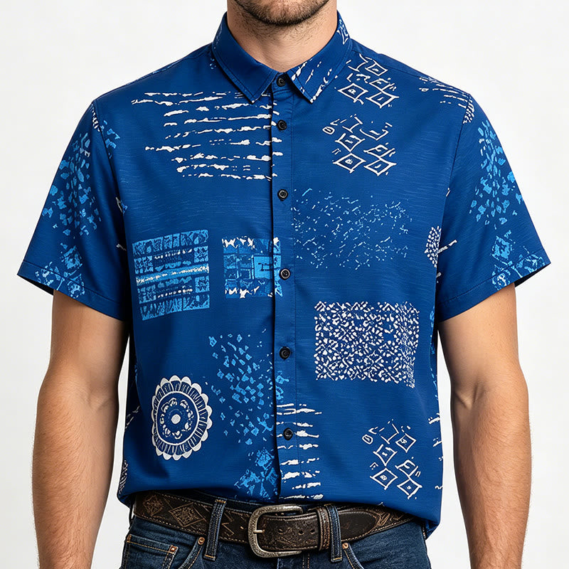Men's Navy Blue Batik-Inspired Patchwork Print Shirt - Navy Blue - 5XL - image 1