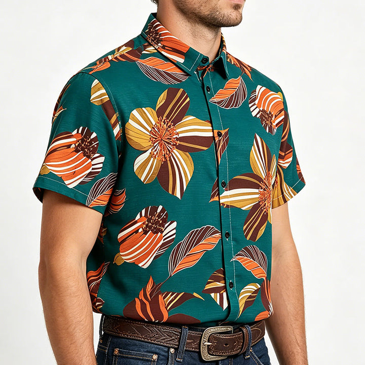 Men's Teal Hawaiian Flower Botanical Print Shirt - image 2
