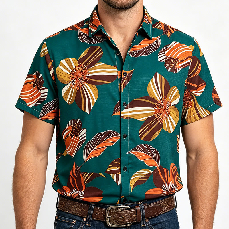 Men's Teal Hawaiian Flower Botanical Print Shirt - Teal - 5XL - image 1
