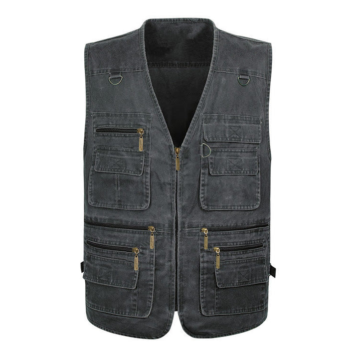 Men's Washed Canvas Outdoor Vest With Multiple Zipper Pockets - Dark Gray - 7XL - image 9