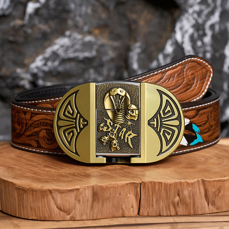 Men's DIY Gothic Cobra Skull Leather Belt With Hidden Lighter - Bronze - Brown Feather Belt - 40 - image 6