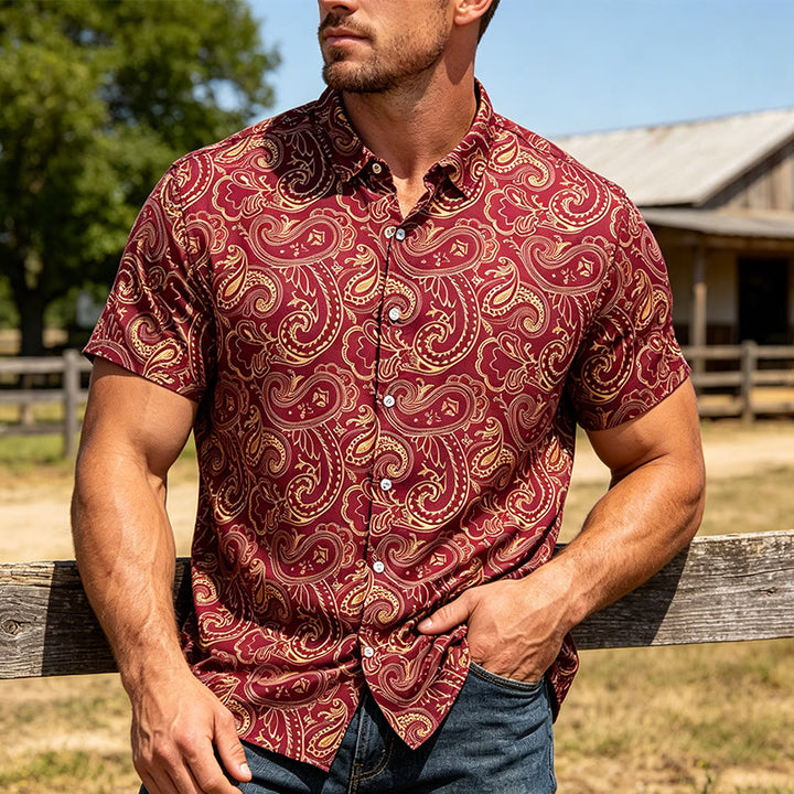 Men's Shiny Luxury Vintage Paisley Pattern Dressy Shirt - Burgundy - 3XL - image 0