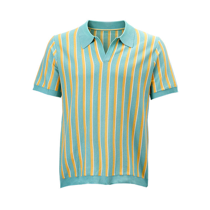 Men's Teal & Gold Vertical Striped Knit Polo Shirt - image 8