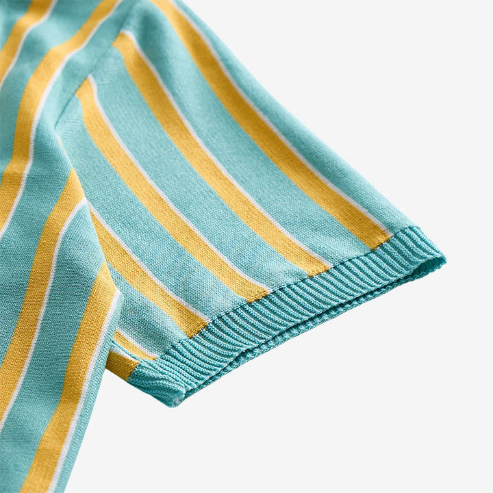 Men's Teal & Gold Vertical Striped Knit Polo Shirt - image 7