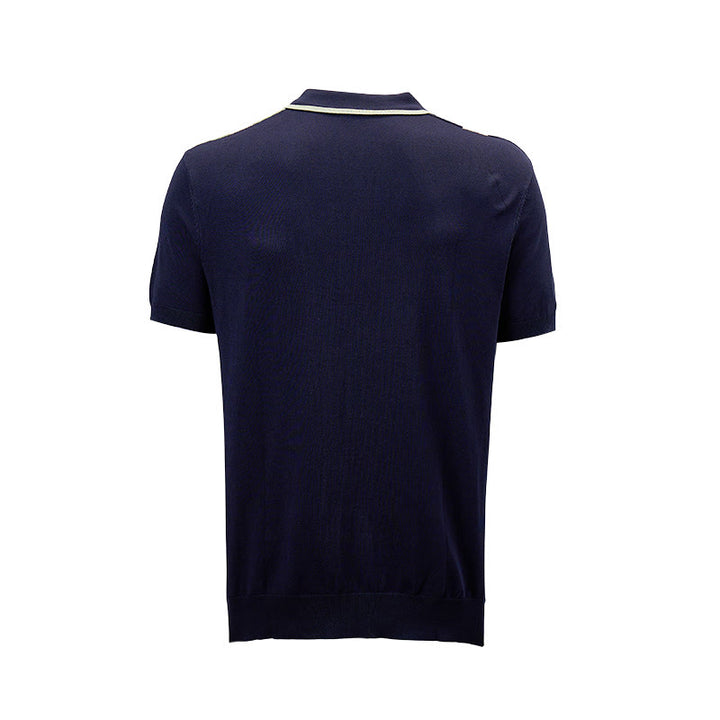 Men's Retro Navy & Sage Color-Block Stripe Knit Polo Shirt - image 10