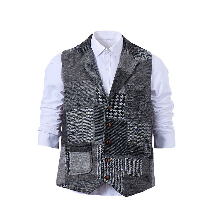 Men's Gray Patchwork Herringbone & Houndstooth Pattern Suit Vest - image 8