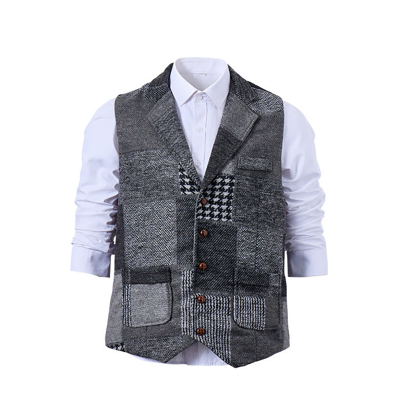 Men's Gray Patchwork Herringbone & Houndstooth Pattern Suit Vest - image 0