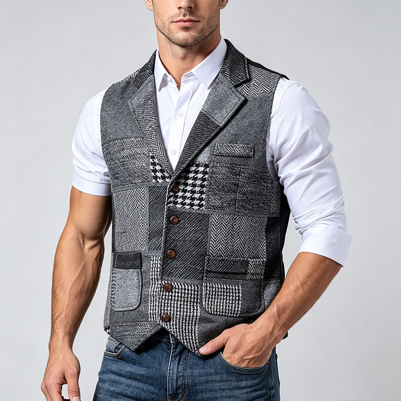 Men's Gray Patchwork Herringbone & Houndstooth Pattern Suit Vest - image 2