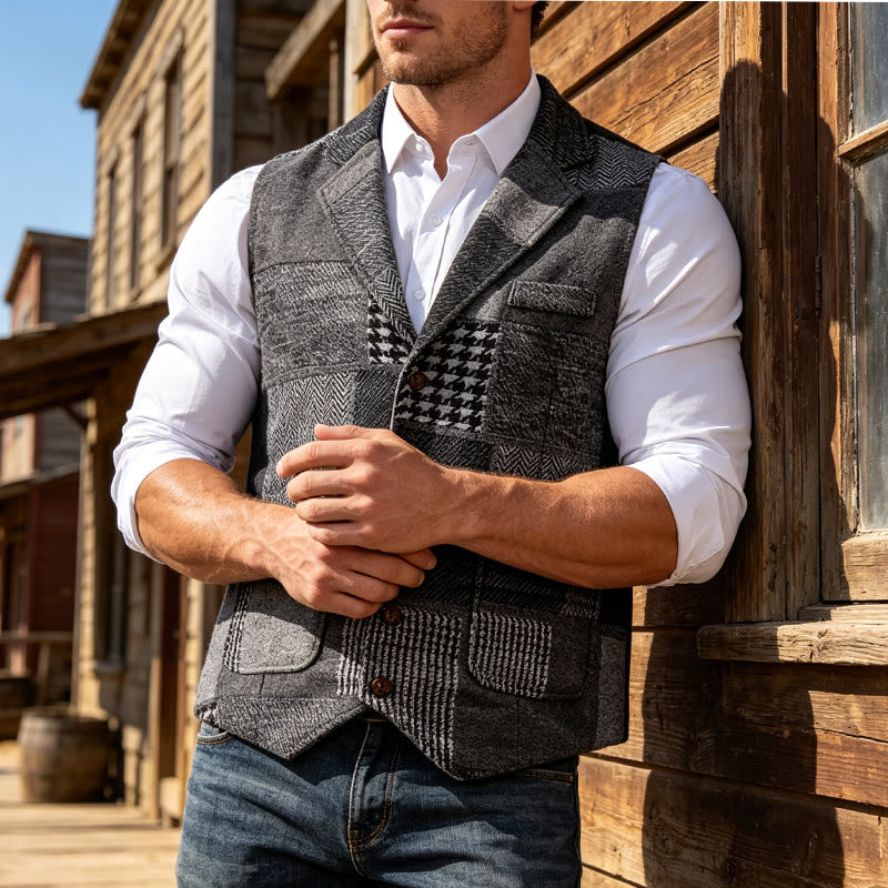 Men's Gray Patchwork Herringbone & Houndstooth Pattern Suit Vest - Gray - 2XL - image 1