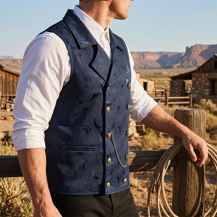 Men's Double-Breasted Floral Jacquard Suit Vest With Chain Detail - Navy - 2XL - image 6