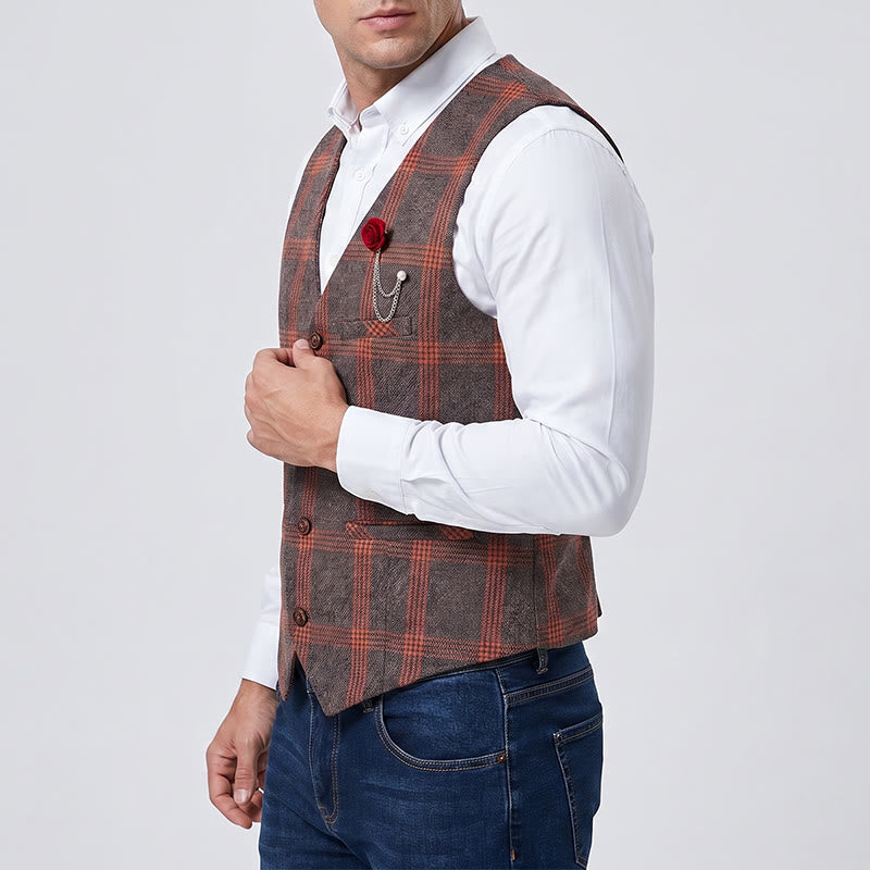 Men's Elegant Plaid All-Season Suit Vest With Red Rose Pin - image 3