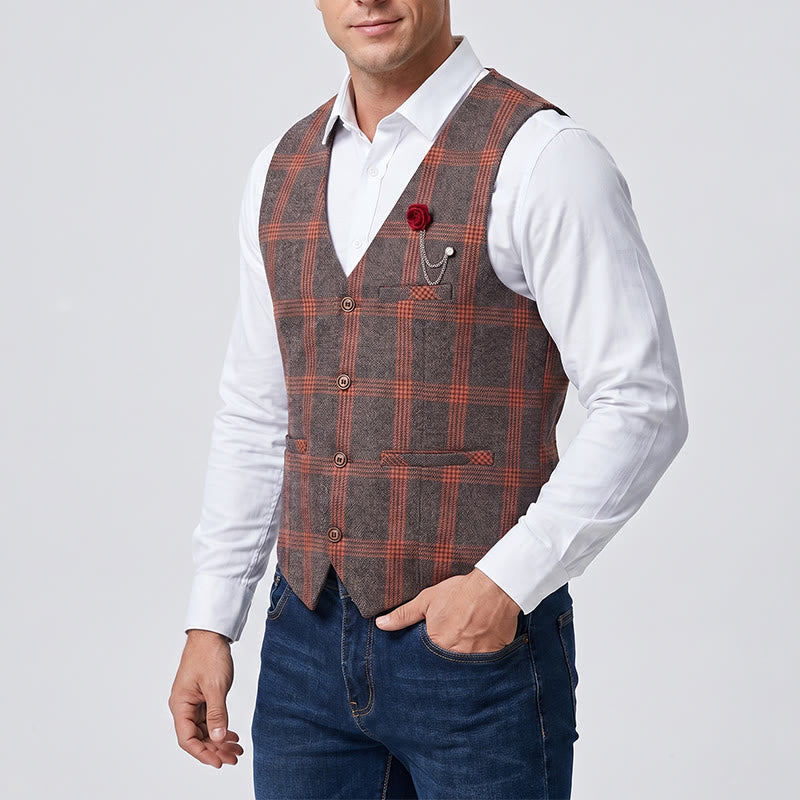 Men's Elegant Plaid All-Season Suit Vest With Red Rose Pin - image 1