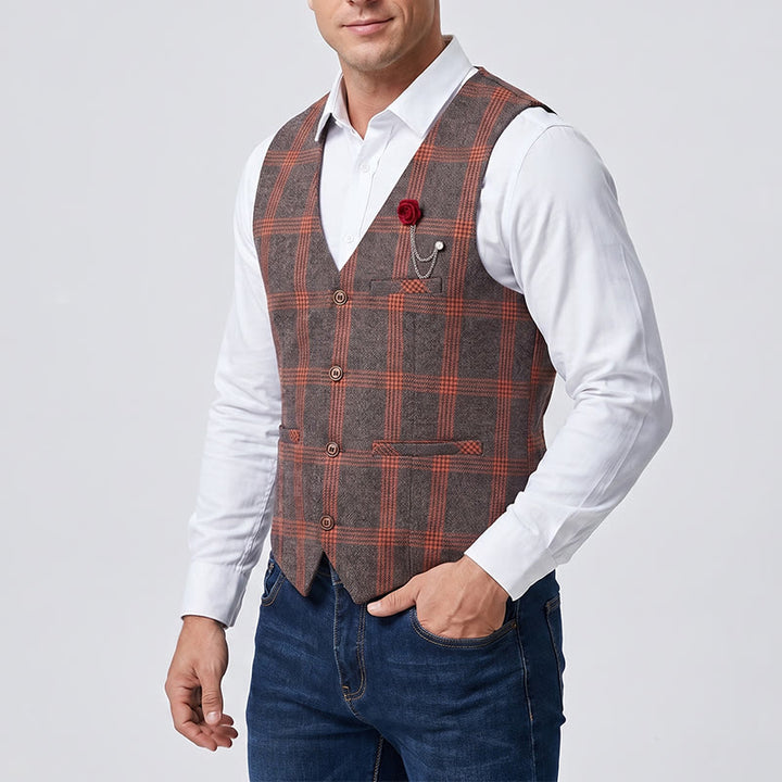 Men's Elegant Plaid All-Season Suit Vest With Red Rose Pin - image 1