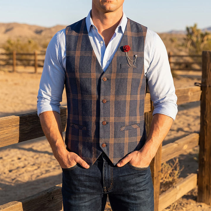 Men's Elegant Plaid All-Season Suit Vest With Red Rose Pin - Navy - 10XL - image 4
