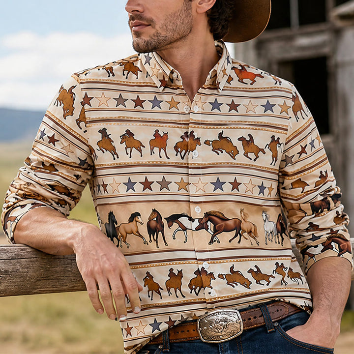 Men's Striped Horse & Star Equestrian Print Western Shirt - Beige - 6XL - image 0