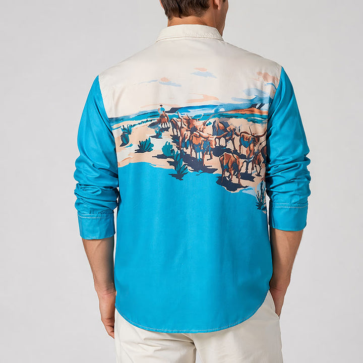 Men's Teal & Cream Western Cattle Drive Landscape Print Shirt - image 2