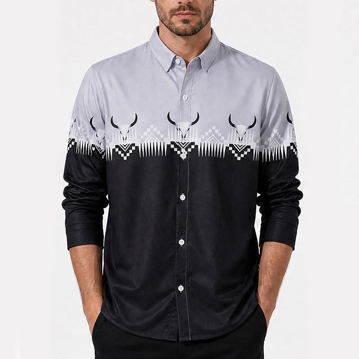 Men's Classic Black & Gray Bull Head Print Western Shirt - image 1